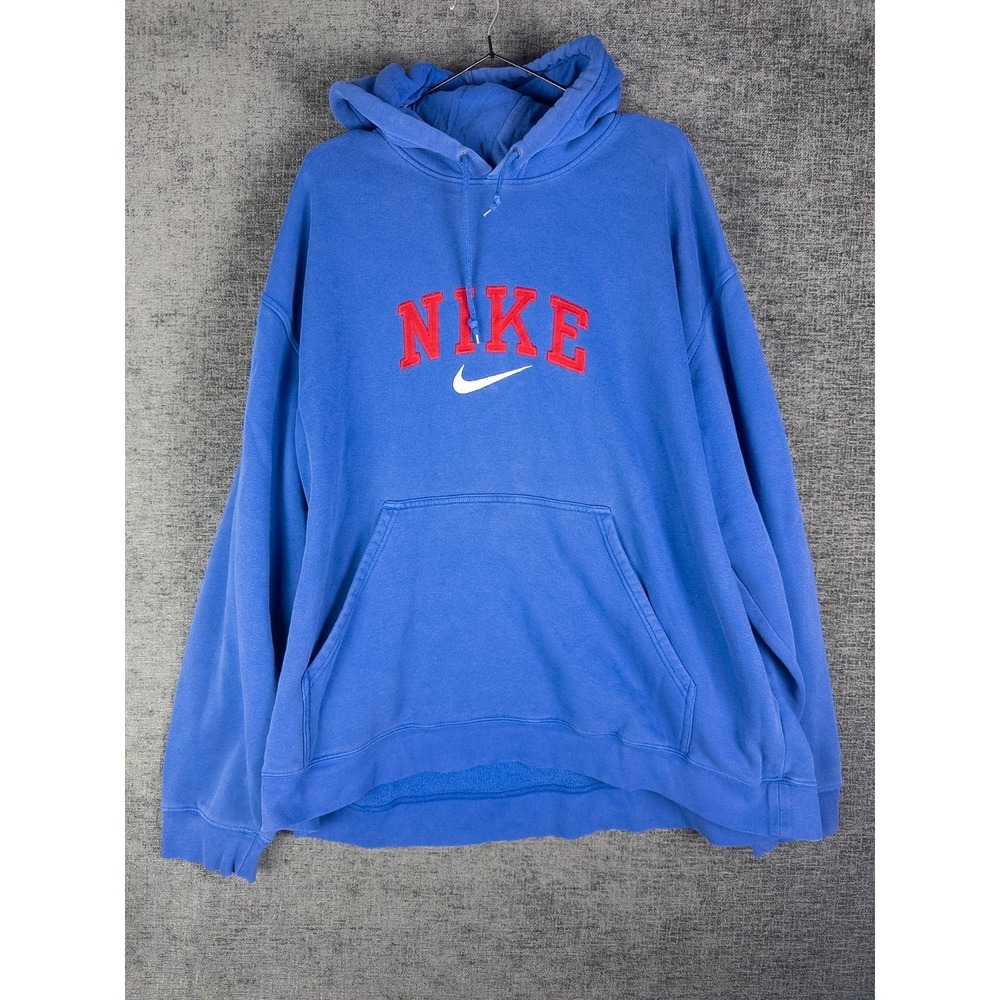 VTG Nike Hoodie Mens 2XL Blue Center Swoosh Fleece Spell Out Loose Cotton Blend